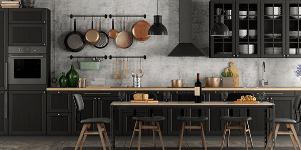 Cocina moderna en negro y cobre